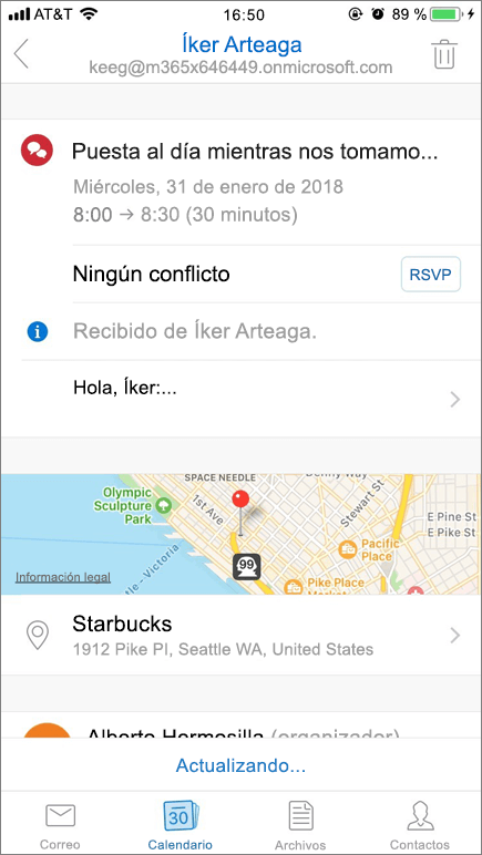 Captura de pantalla que muestra la pantalla del dispositivo móvil con el elemento de invitación de calendario.
