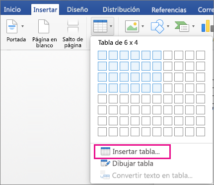 La opción Insertar tabla está resaltada para crear una tabla personalizada