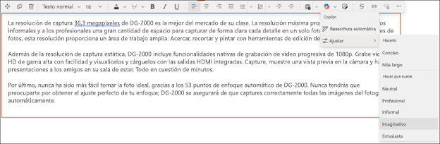 Ejemplo de cambio de tono del texto sugerido en Copilot en SharePoint: antes