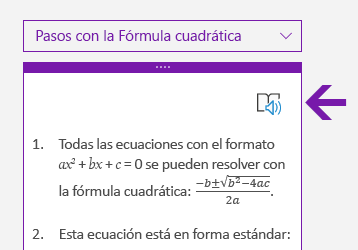 Icono de lector inmersivo en el panel de matemáticas en OneNote para Windows 10