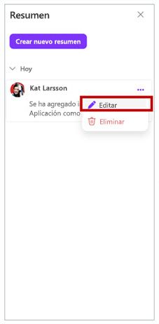 Recorte de pantalla del botón de resumen de edición en Microsoft 365 Loop.