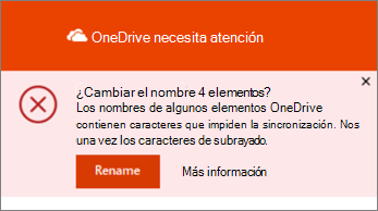 Captura de pantalla de la notificación Cambiar nombre en la aplicación de sincronización de escritorio de OneDrive