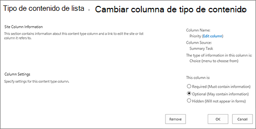 Página cambiar columna de tipo de contenido