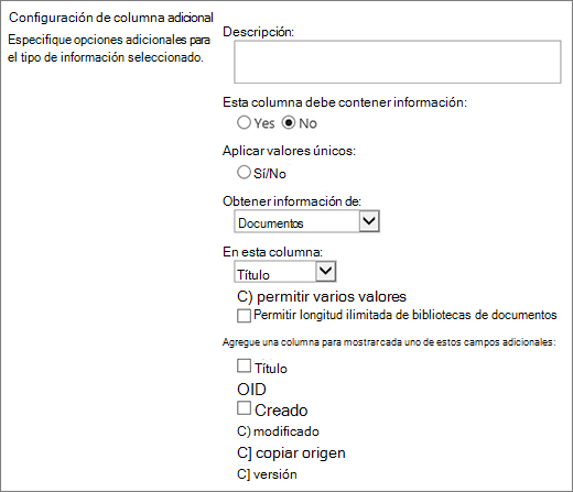 Cuadro de diálogo Opción de columna de búsqueda