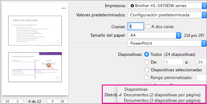 Vista previa de documentos para imprimir de PowerPoint para Mac