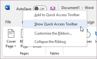 Mostrar la barra de herramientas de acceso rápido