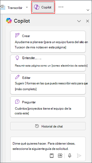 Panel de Copilot en OneNote a la derecha de la página.