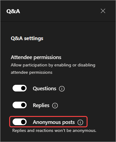 Captura de pantalla que resalta la interfaz de usuario para ocultar los nombres de los asistentes en Q&A