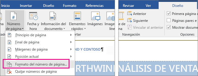 La opción Formato del número de página está resaltada en Número de página, en la pestaña Diseño.