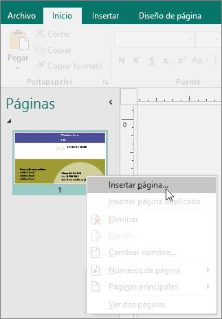 Insertar página en el panel de navegación Páginas en Publisher.