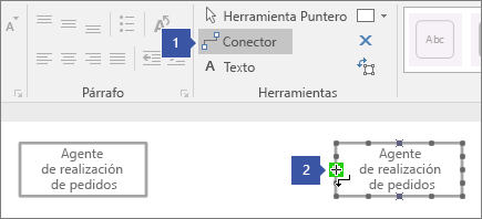 1 apuntando a la herramienta Conector, 2 apuntando al cursor sobre el punto de conexión resaltado en verde en forma de línea de vida