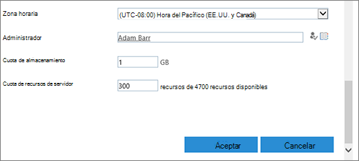 Cuadro de diálogo Nueva colección de sitios con la sección TimeZone y cuotas.