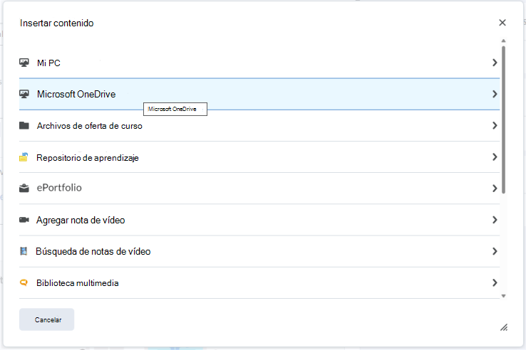 Inserte un archivo de OneDrive en el Editor de Brightspace con el menú Insertar contenido.