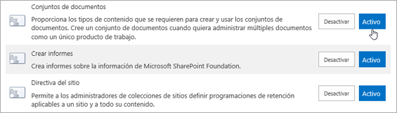 Ejemplos de las características de colección de sitios que puede activar para SharePoint