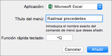 Ejemplo personalizado de método abreviado de teclado en Office 2016 para Mac