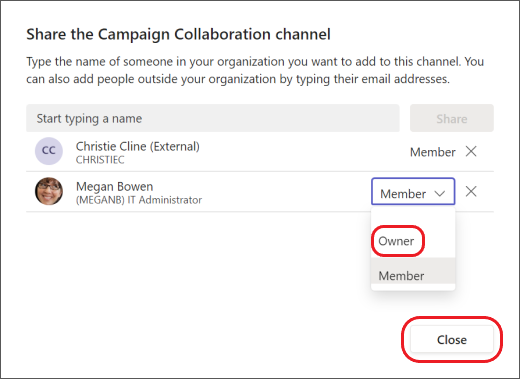 Teams: convertir a un miembro del canal compartido en propietario