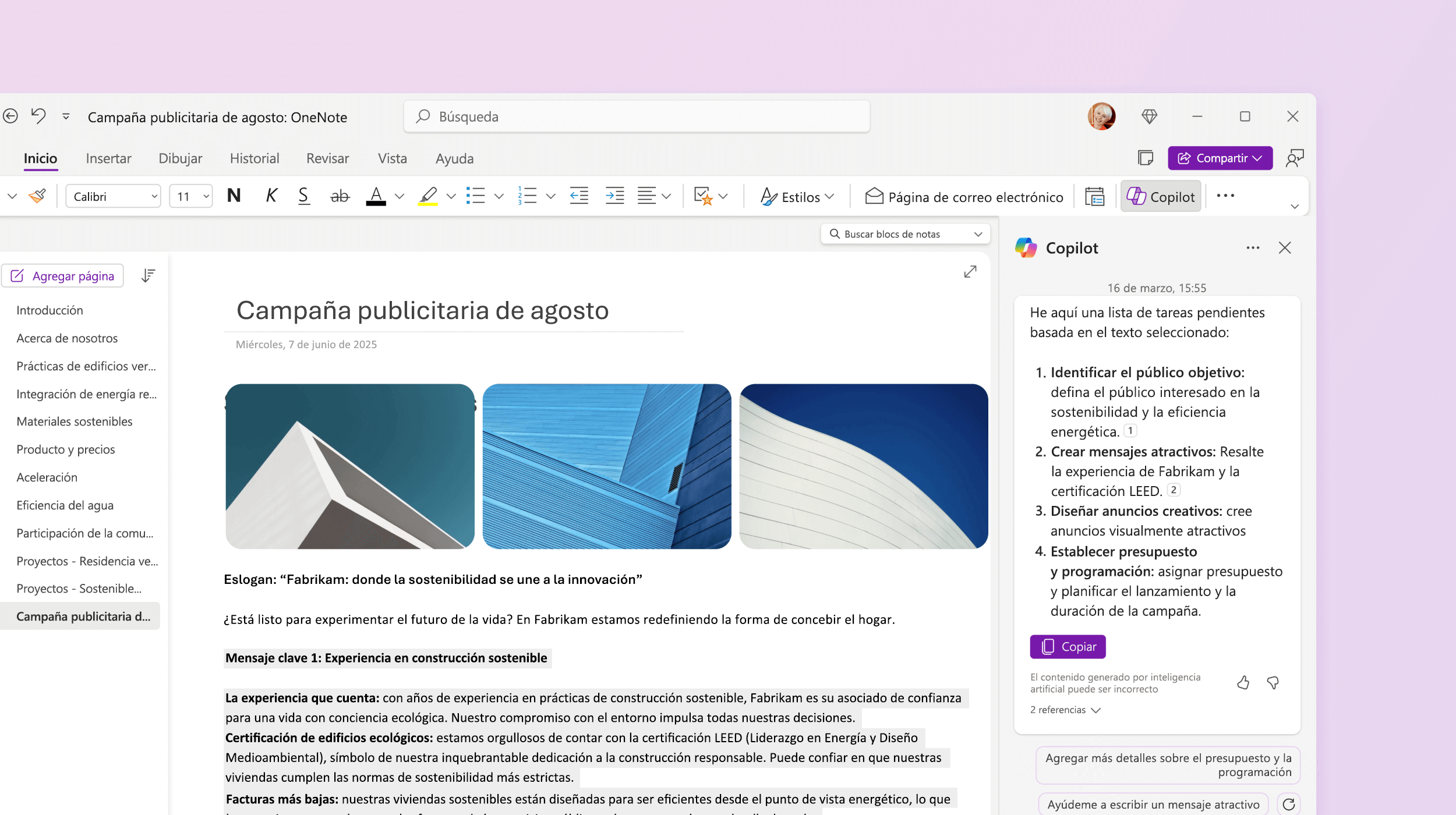 La captura de pantalla muestra Copilot en OneNote creando una lista de tareas pendientes.