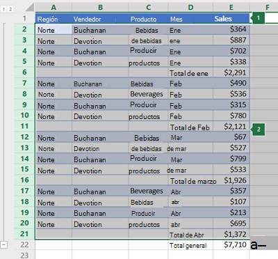 Esquema de filas en Excel Online