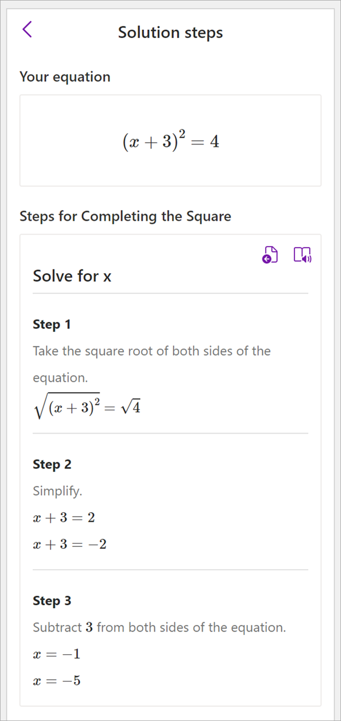 Captura de pantalla del panel matemáticas en la versión de escritorio de OneNote. Los pasos de la solución se muestran para usar el método de completar el cuadrado para resolver para x.