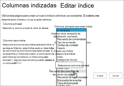 Editar página de índice con columna seleccionada en el cuadro desplegable