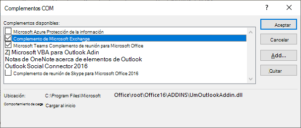 La ventana del complemento de Outlook está abierta.