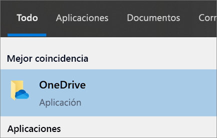 Captura de pantalla de búsqueda de la aplicación de escritorio de OneDrive en Windows 10