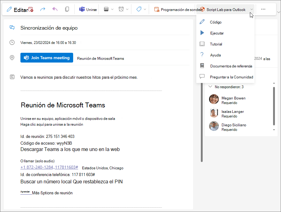Un complemento de ejemplo que se usa de una reunión en Outlook en la Web y en el nuevo Outlook para Windows.