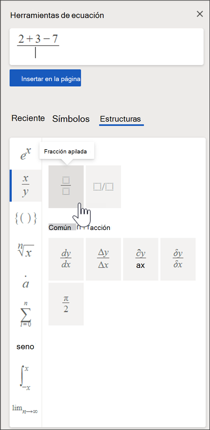 Panel lateral de Herramientas de ecuación que contiene un cuadro donde se crea un borrador de la ecuación y una biblioteca de estructuras y símbolos