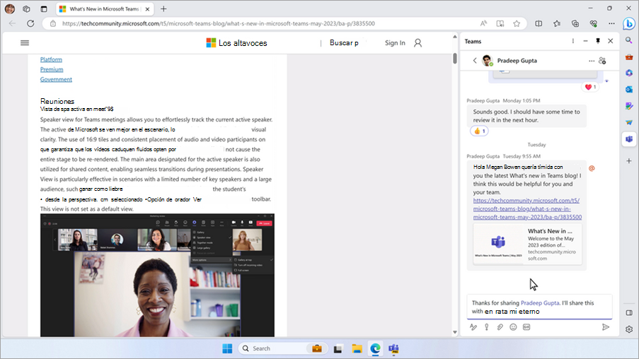 Chat de Teams que se muestra en el explorador Microsoft Edge