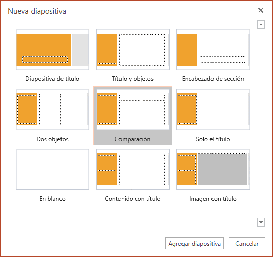El cuadro de diálogo “Nueva diapositiva” en PowerPoint Online tiene varios diseños de diapositiva que puede elegir.