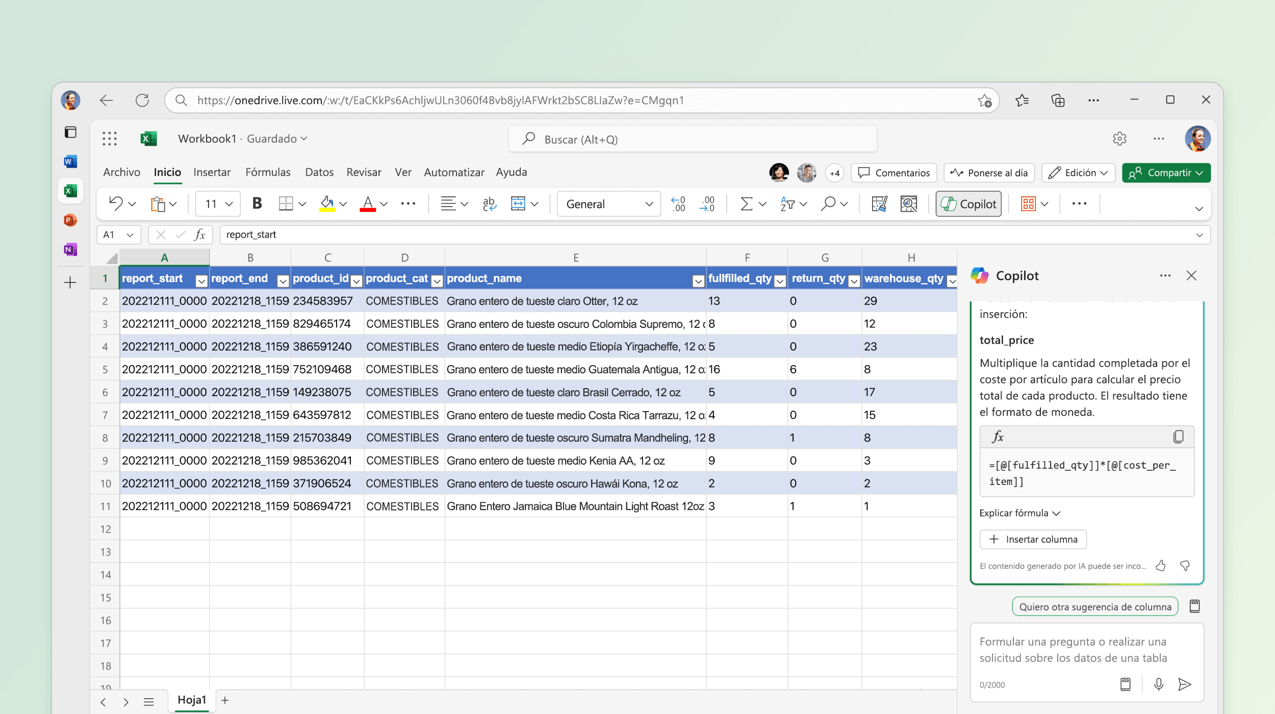 La captura de pantalla muestra Copilot en Excel sugiriendo una fórmula para el cálculo.