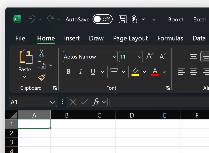 Captura de pantalla de la parte superior izquierda del tema de Excel en negro.