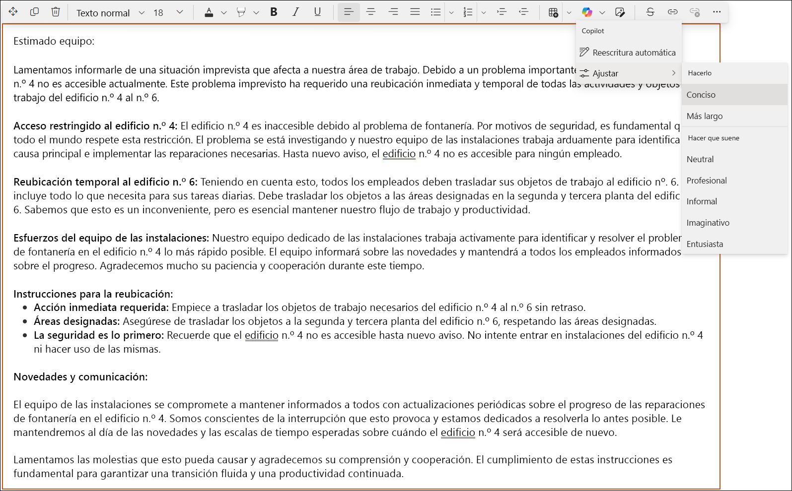 Recorte de pantalla de un texto extenso en el editor de texto enriquecido de Sharepoint.