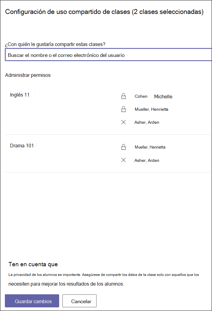 Captura de pantalla del panel para administrar el uso compartido de la clase. 2 clases se indican con los profesores asociados enumerados. Hay una barra de búsqueda disponible para agregar más profesores