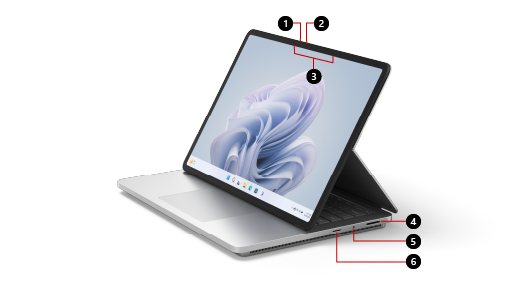 Muestra dónde encontrar características en Surface Laptop Studio 2.