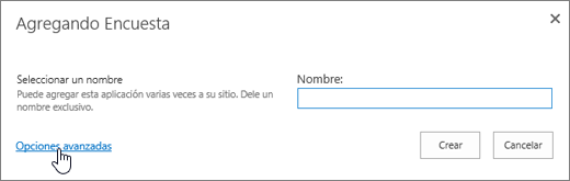 Cuadro de diálogo Agregar una encuesta con opciones avanzadas resaltadas