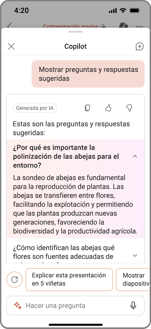 Captura de pantalla de Copilot en PowerPoint en un dispositivo iOS con preguntas y respuestas sugeridas