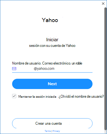 Pantalla de configuración de Yahoo Outlook una: escriba el nombre de usuario