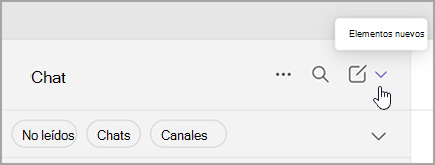 Captura de pantalla de la opción para seleccionar nuevos elementos de la vista combinada. Está en la parte derecha, encima de la lista de chats y canales.