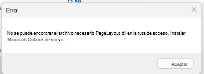 Captura de pantalla del mensaje de error "No se puede encontrar el archivo necesario PageLayout.dll"