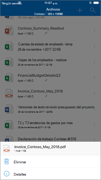 Captura de pantalla de la eliminación de un archivo bloqueado de OneDrive para la Empresa desde la aplicación móvil de OneDrive