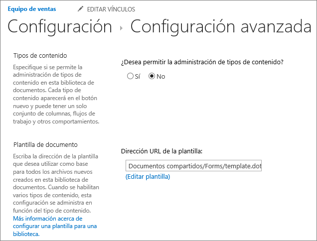 Configuración de la biblioteca, en configuración avanzada que muestra el campo Editar plantilla.