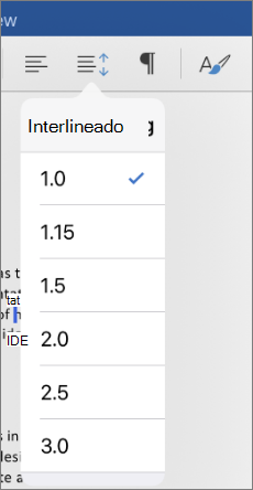 Muestra las opciones de interlineado en Word para iPad.