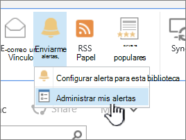 botón Administrar alerta de SharePoint 2016 resaltado