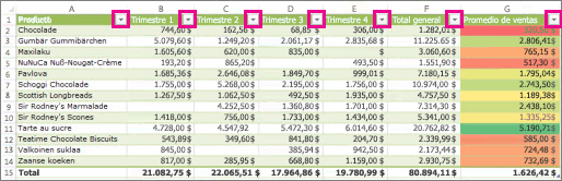 Tabla Excel que muestra filtros integrados