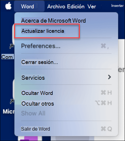 Buscar el botón Actualizar licencia en Microsoft Word en MacOS.