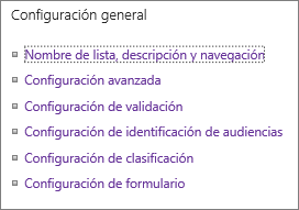 Vínculos de configuración general de lista