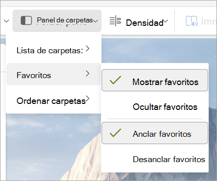 Captura de pantalla de la lista desplegable del panel de carpetas con las opciones Mostrar favoritos y Anclar favoritos seleccionadas