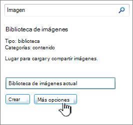 Cuadro de diálogo Crear biblioteca de imágenes con Más opciones resaltado