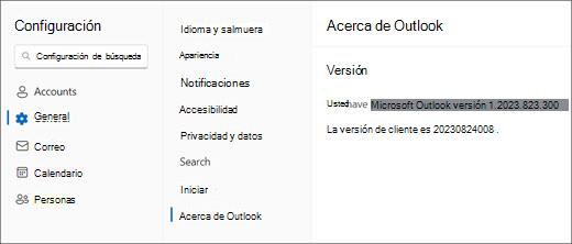 Imagen de la información de la nueva versión de Outlook para Windows con los apartados "General" y "Acerca de Outlook" resaltados.